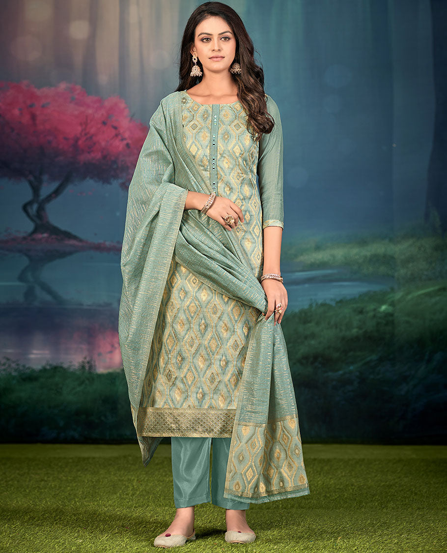 Green churidar material set, diamond patterned and mirror embroidered top, plain bottom, and geometric patterned dupatta