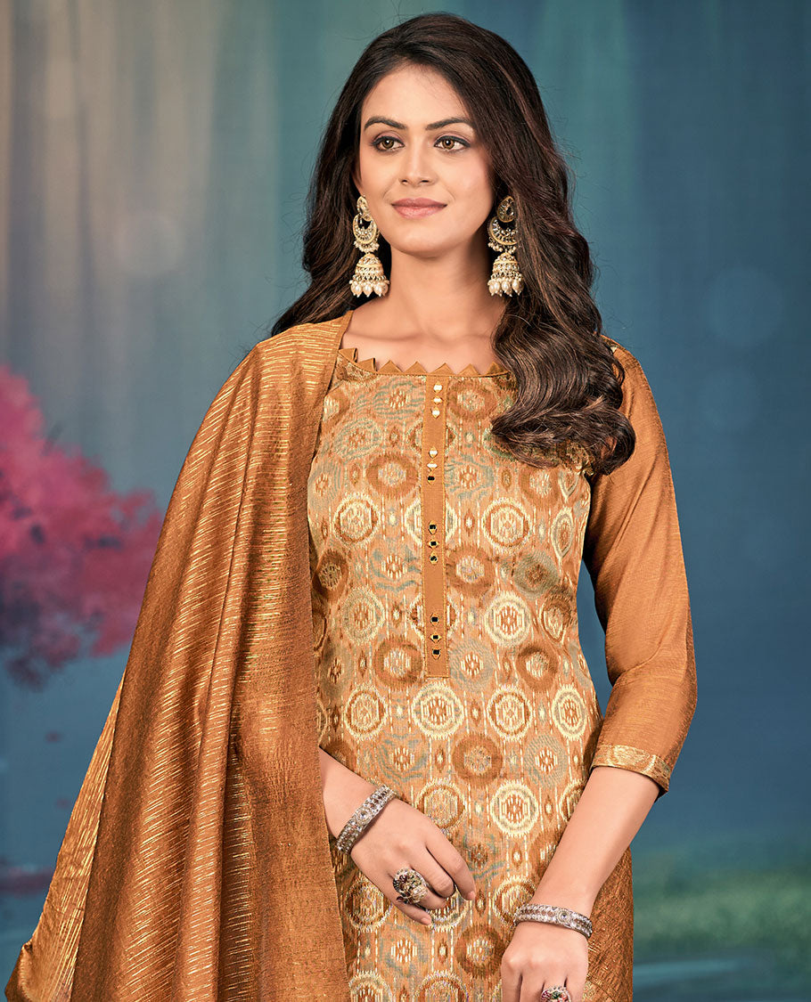 Honey color churidar material set, round motifs, and mirror embroidered top, plain bottom, and geometric patterned dupatta