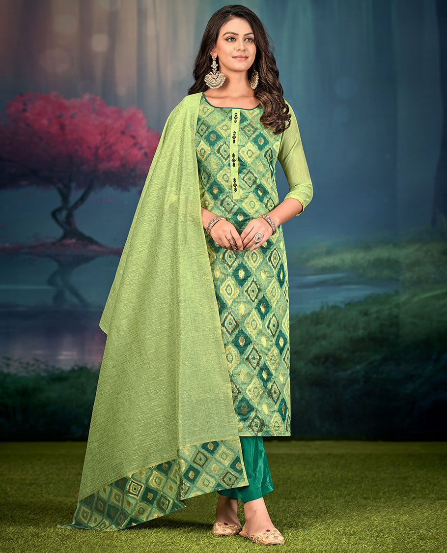 Green churidar material set, diamond patterned and mirror embroidered top, contrast plain bottom, and geometric patterned dupatta