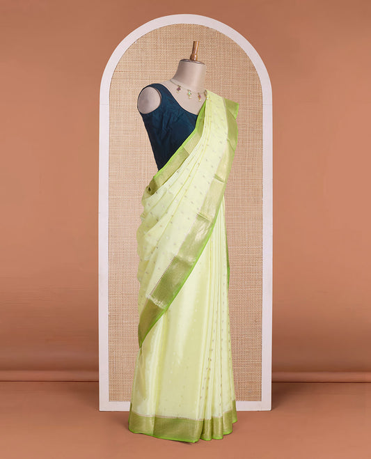 Green zari buttas & corner paisley buttas Mysore silk saree,contrast traditional zari border & paisley butta enclosed checked pallu