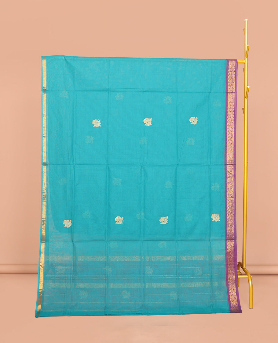 Blue Venkatagiri Cotton Saree, Enriched with Peacock Buttas, a Contrast Zari Border, Pallu of Buttas and Stripes, and No Blouse
