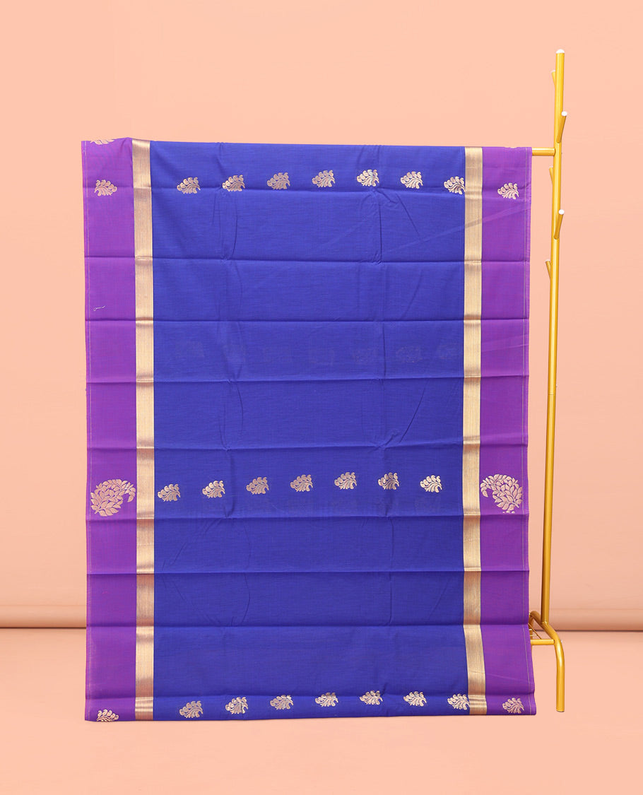 Blue Semi-Silk Cotton Saree, Richly Detailed with Floral Zari Buttas All Over Its Body, Complemented by Contrast Border of Paisleys, Pallu of Floral Designs, and Paired with a Matching Blouse