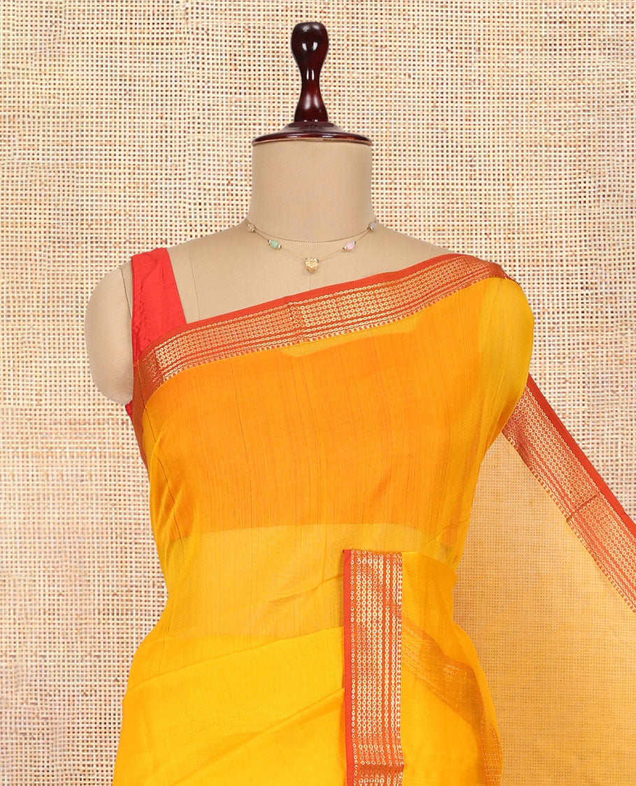 Yellow Plain Maheshwari Cotton Saree, a Contrast Traditional Zari Border, Pallu of Zari Stripes, and a Matching Blouse