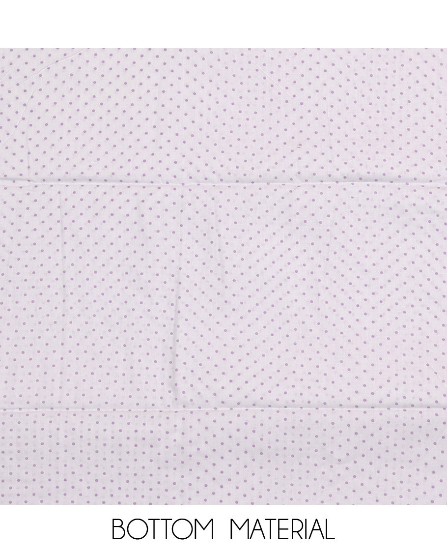 Light Lavender Material Chudidar Set, Adorned with Subtle Print and Neck Embroidery on Rayon Top, a Contrast Polka Dot Printed Bottom, and Paired with Embroidered Chiffon Dupatta