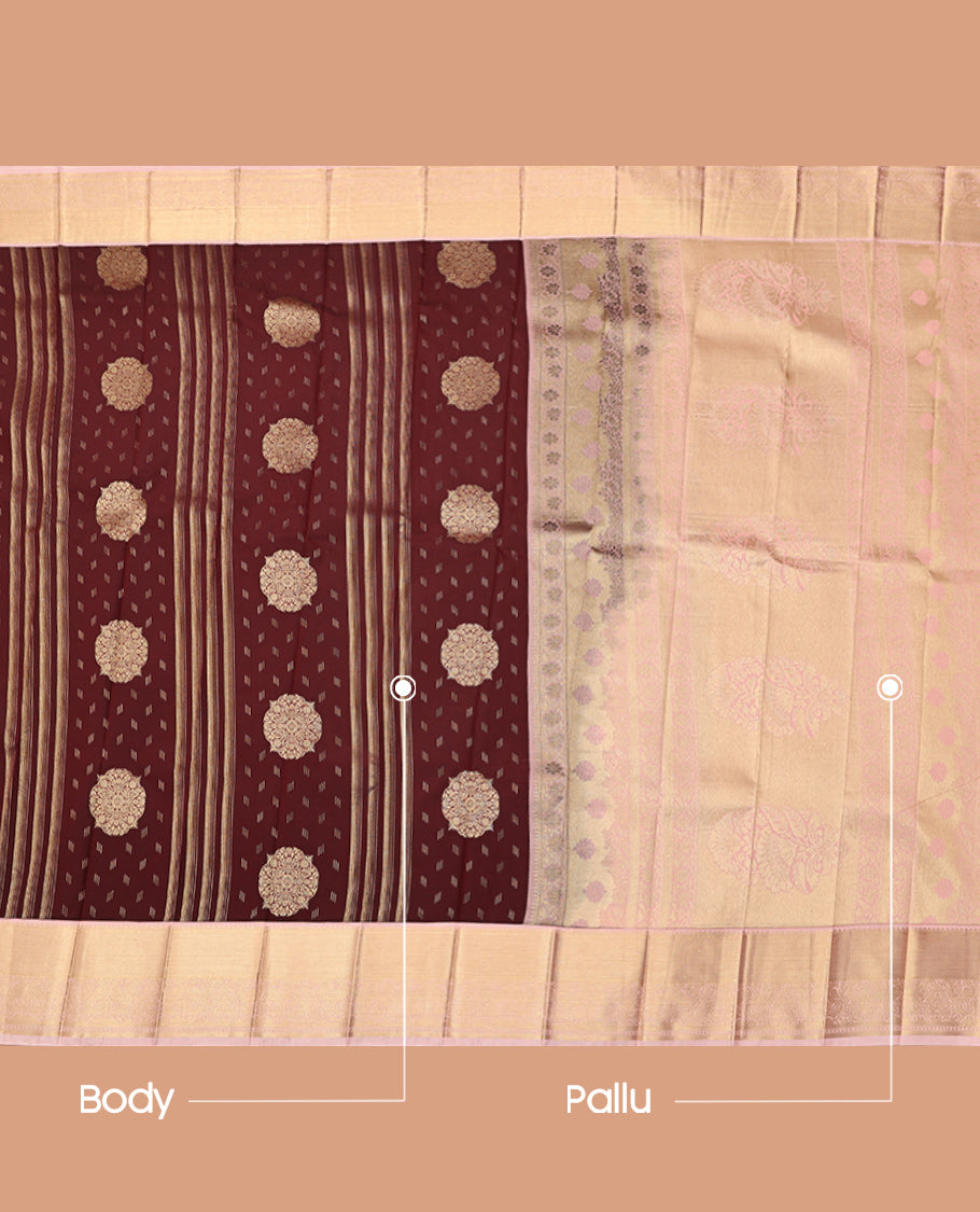 Maroon Budget Silk Saree, Bedecked with Zari Buttas, Contrast Traditional Zari Border, Grand Pallu, and a Contrast Blouse