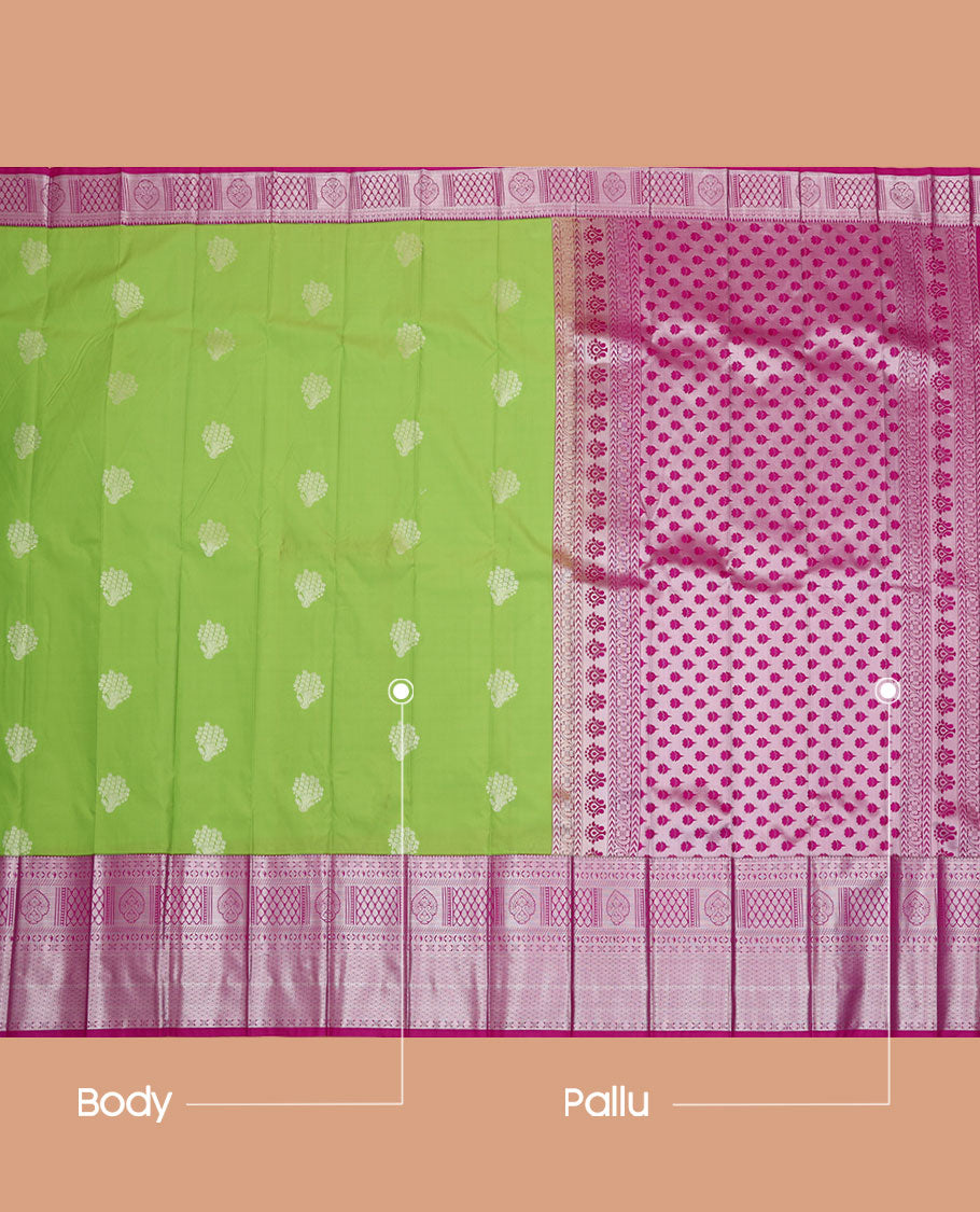 Green Budget Silk Saree, Accentuated with Floral Buttas All Over Its Body, Complemented by a Contrast Traditional Zari Design Border, Pallu Steeped with Floral Buttas, and Paired with a Contrast Blouse