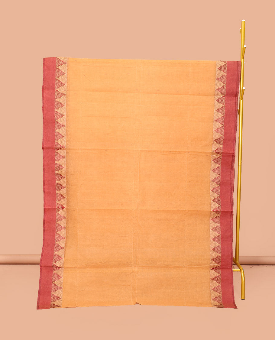 Orange Bengal Cotton Saree, Subtly Woven with Buttas, Contrast Temple Border, Pallu of Stripes, and Matching Blouse