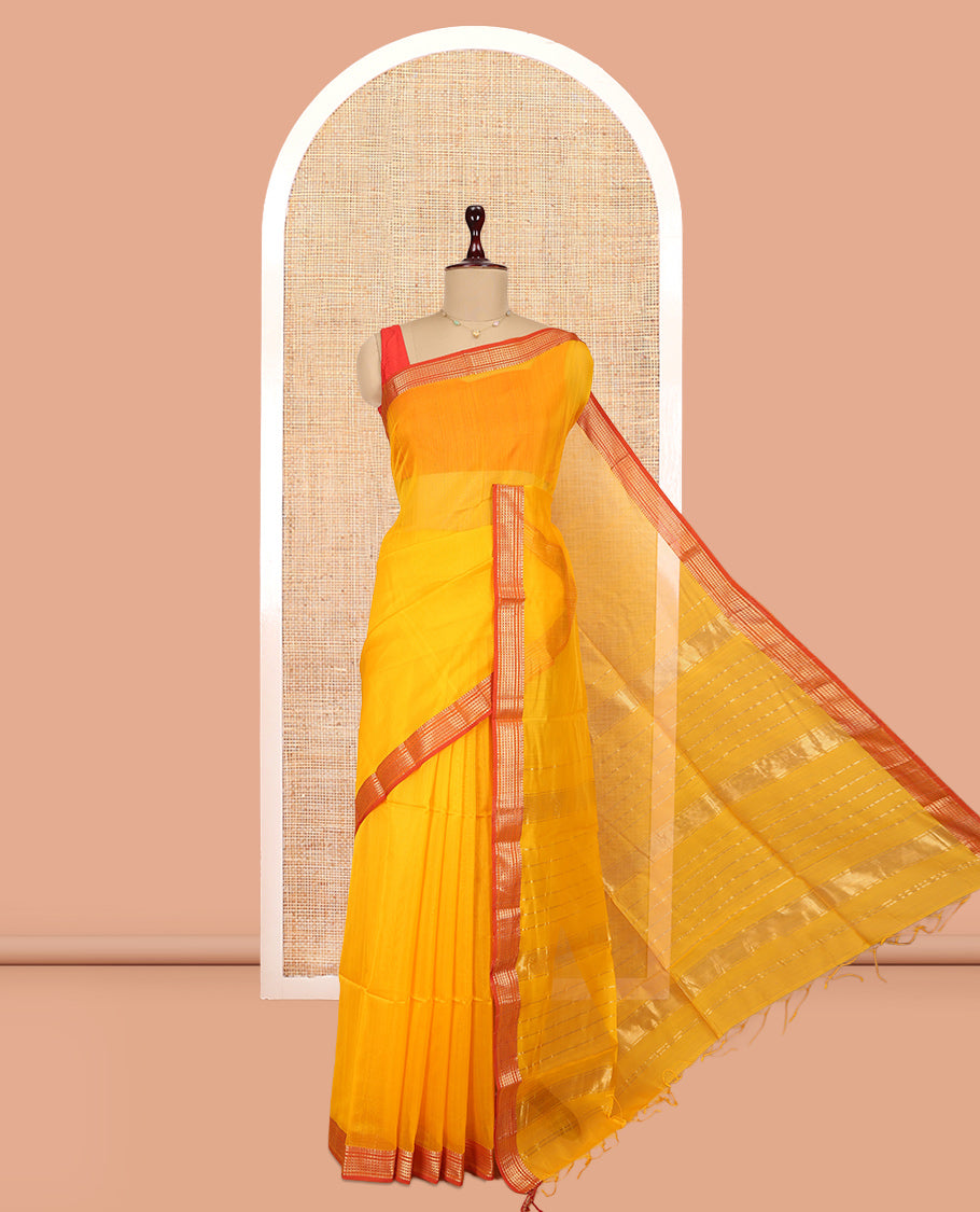 Yellow Plain Maheshwari Cotton Saree, a Contrast Traditional Zari Border, Pallu of Zari Stripes, and a Matching Blouse