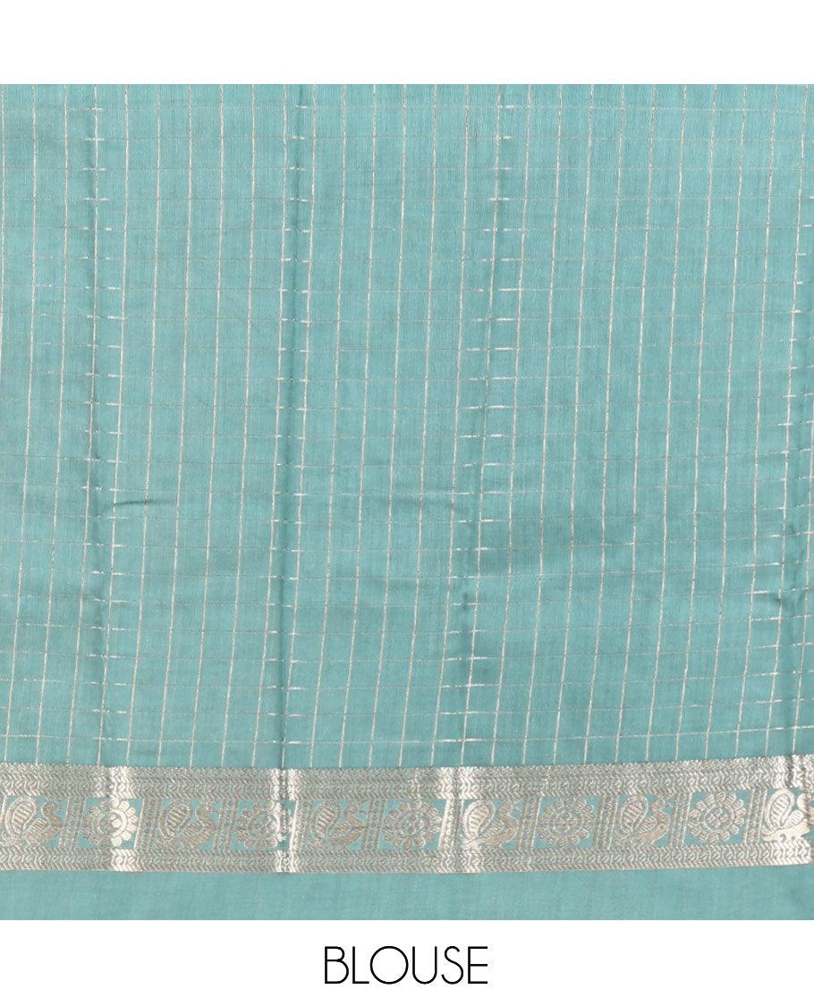 Parrot Green Zari Checked Assam Silk Saree, Complemented by a Contrast Traditional Zari-Woven Border, Zari-Striped Pallu, and a Contrast Blouse