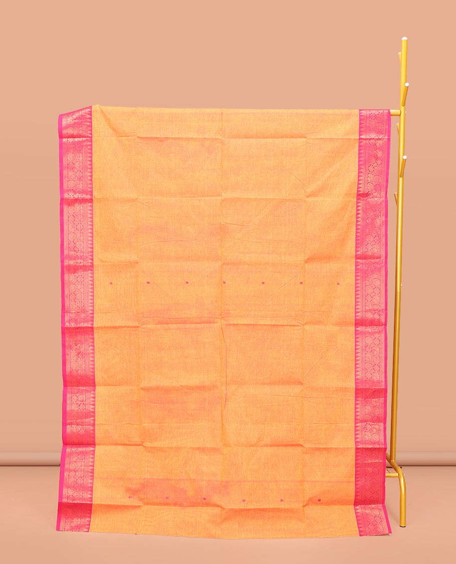 Orange Chettinad Cotton Saree, Adorned with Thread Buttas All Over Its Body, Complemented by a Contrast Traditional Zari Design Border, Pallu of Buttas and Stripes, and Paired with a Matching Blouse