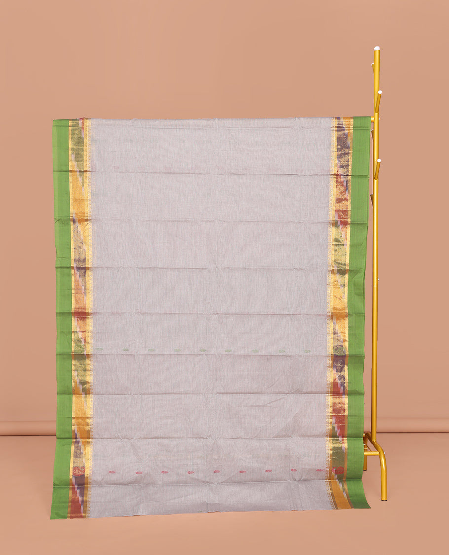Grey Kanchi Cotton Saree, Decorated with Buttas All Over Its Body, Complemented by a Contrast Ikkat Border, Pallu of Paisley and Circle Designs, and Paired with a Matching Blouse