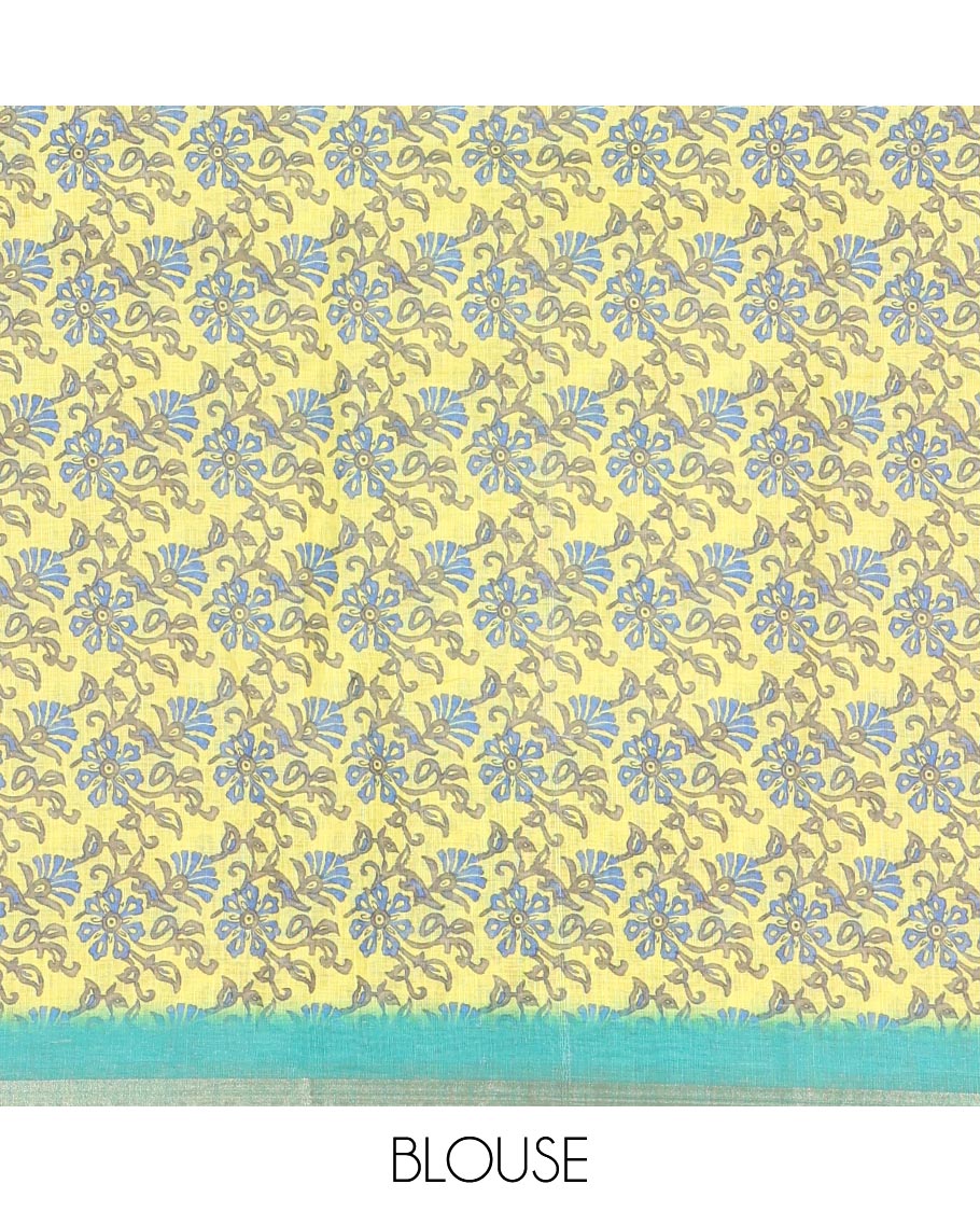 Bue shibori printed linen cotton saree, piping border, contrast floral printed pallu, and a contrast floral printed blouse