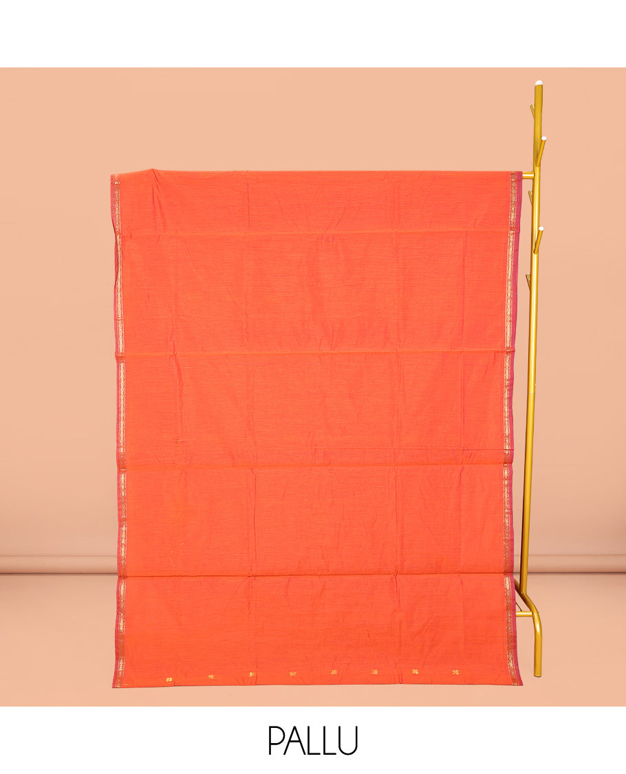 Orange Maheshwari Cotton Saree, Woven with Buttas All Over Its Body, Subtle Zari Piping Border, Complemented by a Contrast Pallu Steeped with Buttas, and Paired with a Contrast Blouse