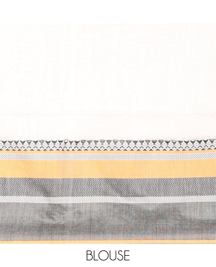 Cream-Black Plain Khadi Mul Cotton Saree, Complemented by a Contrast Thread-Woven Border of Geometric Patterns, Contrast Plain Pallu, and Paired with a Matching Blouse