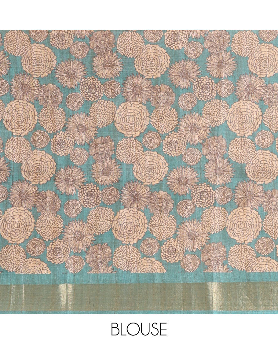 Dusky Lavender Striped Art Tussar Saree, a Contrast Zari Border, Floral Printed Pallu, and a Contrast Blouse