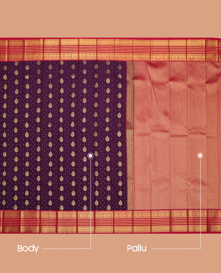 Purple Budget Silk Saree, Graced with Zari Buttas on Its Body, Complemented by a Contrast Traditional Zari Border, Grand Pallu, and Paired with a Contrast Blouse