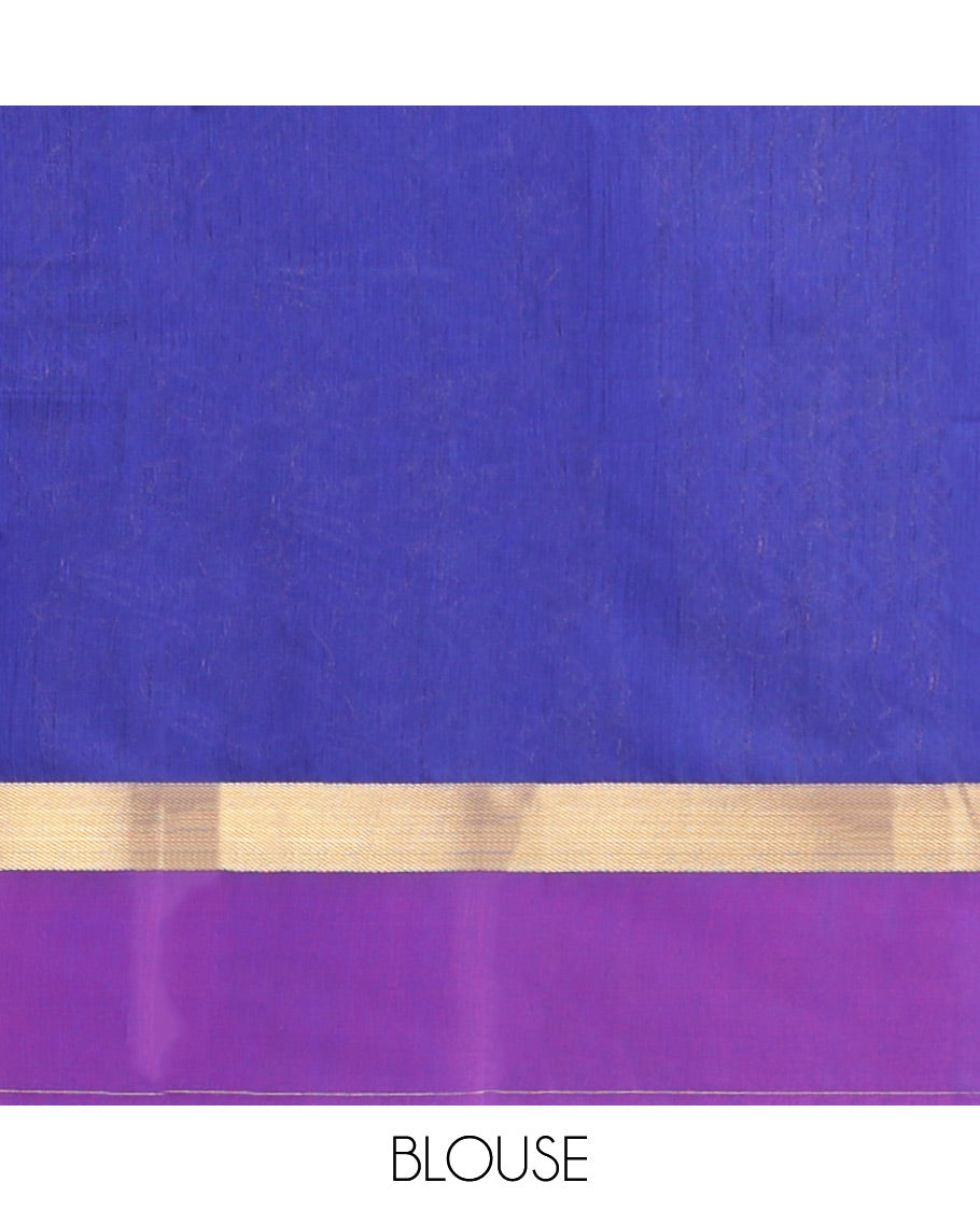 Blue Semi-Silk Cotton Saree, Richly Detailed with Floral Zari Buttas All Over Its Body, Complemented by Contrast Border of Paisleys, Pallu of Floral Designs, and Paired with a Matching Blouse