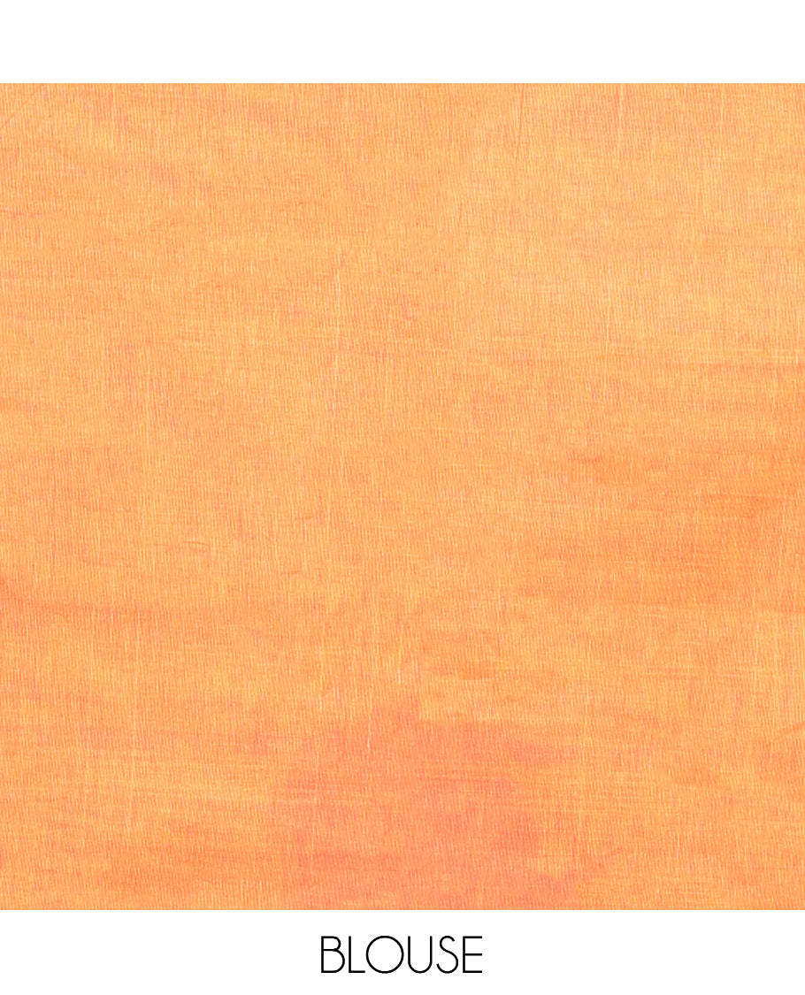 Orange Chettinad Cotton Saree, Adorned with Thread Buttas All Over Its Body, Complemented by a Contrast Traditional Zari Design Border, Pallu of Buttas and Stripes, and Paired with a Matching Blouse