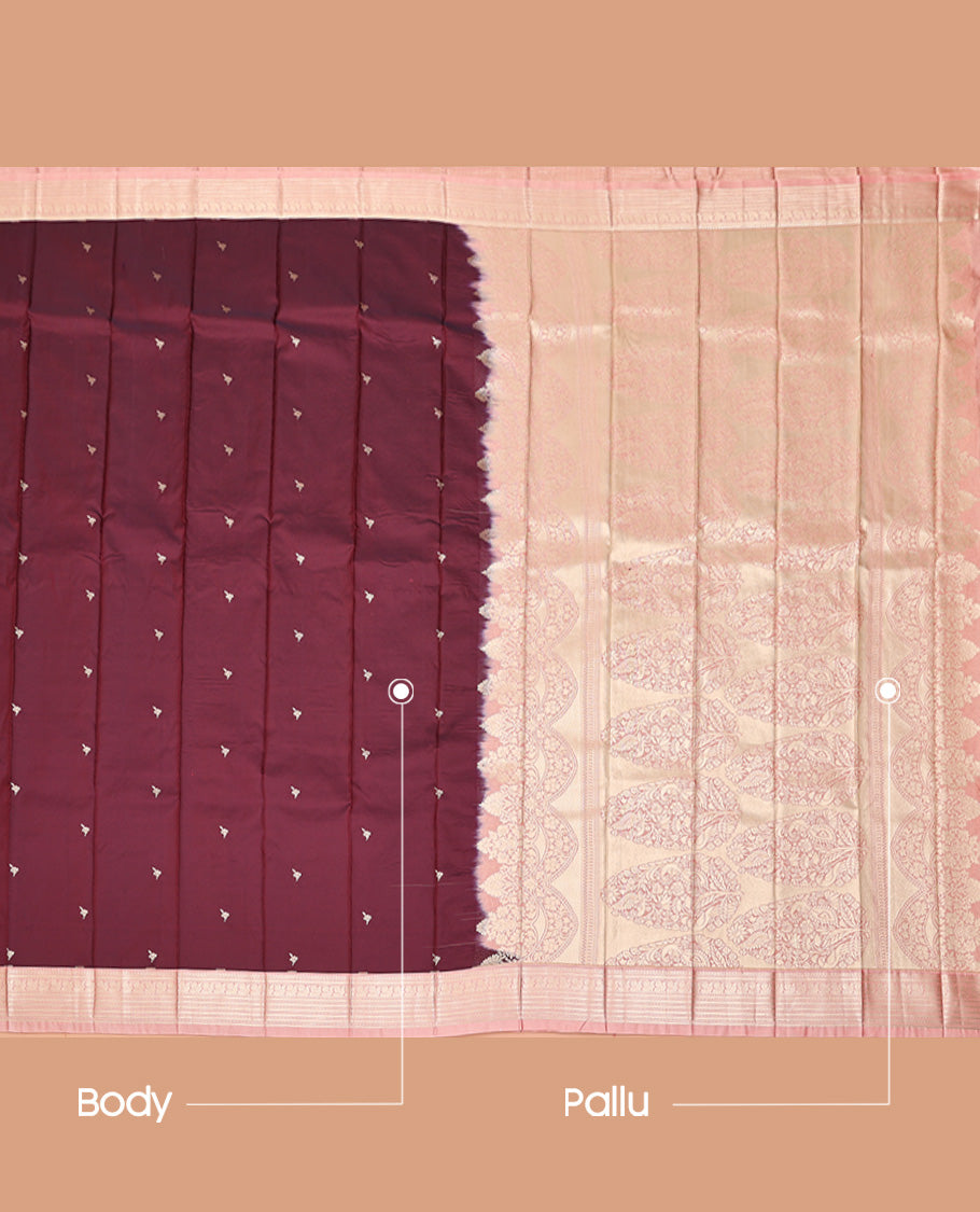 Maroon Budget Silk Saree, Woven with Zari Buttas, Complemented by a Contrast Traditional Zari Design Border, Grandly Designed Pallu, and Paired with a Contrast Blouse
