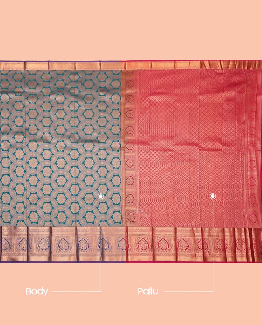 Blue Budget Silk Saree, Adorned with Jacquard Design, Complemented by a Contrast Traditional Zari Design Border, Grand Jaal Pallu, and a Contrast Blouse