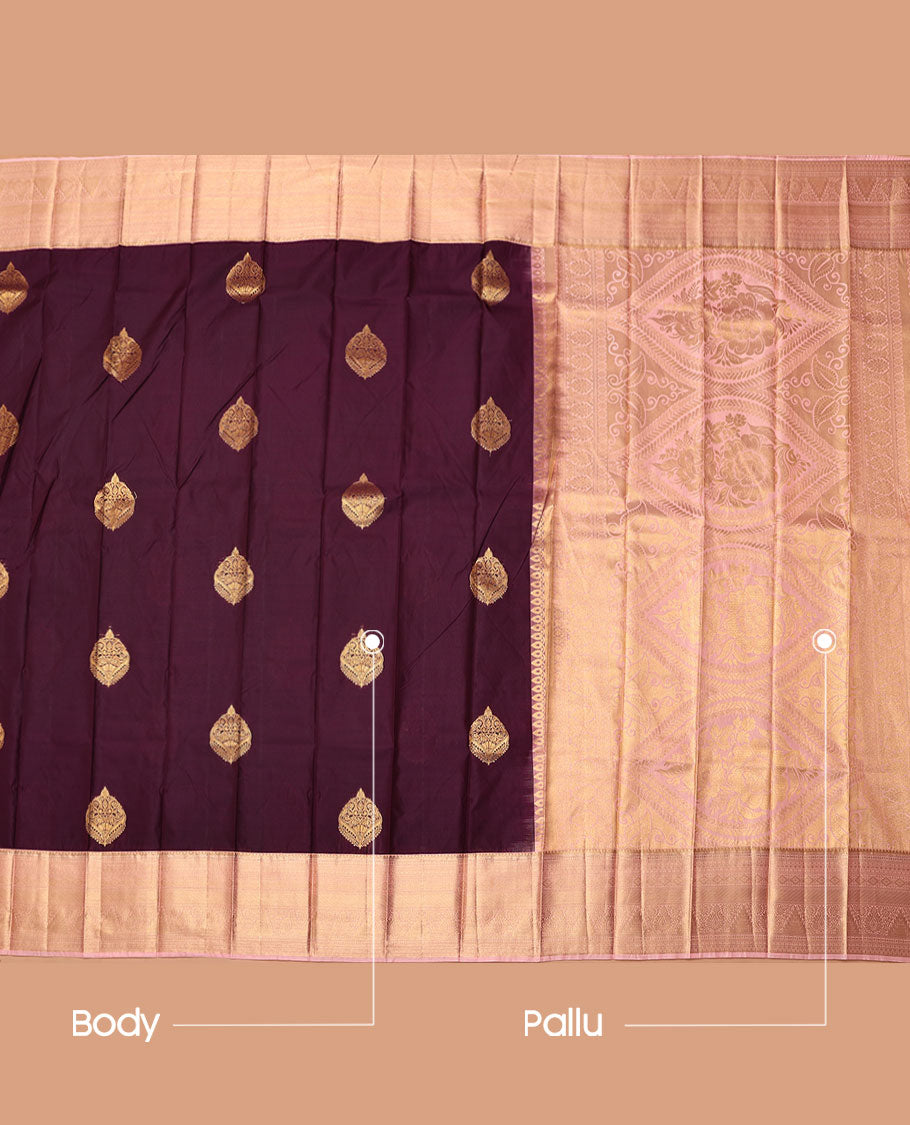 Wine Budget Silk Saree, Elevated with Zari Buttas, Complemented by Contrast Traditional Zari Border, a Grand Pallu and a Contrast Blouse