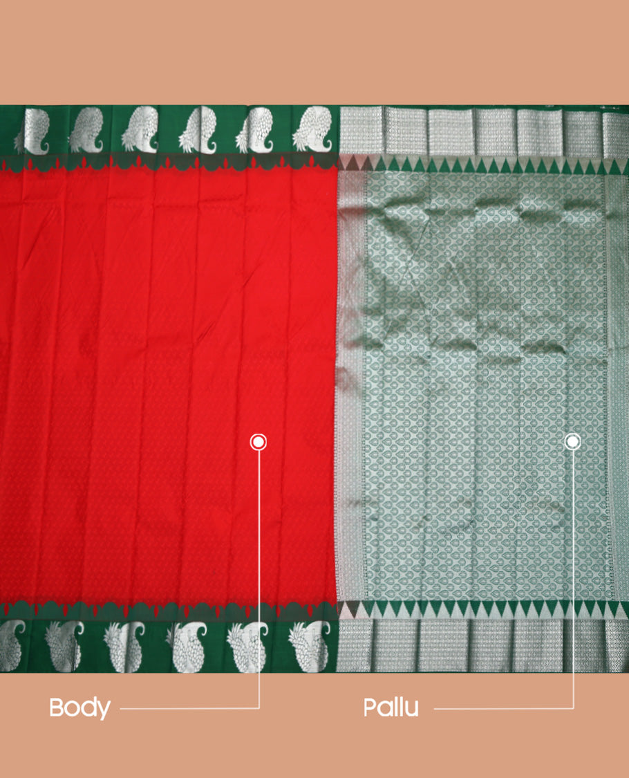 Red Embossed Budget Silk Saree, a Contrast Fruit Motifs Zari Border, Intricate Pallu, and Contrast Blouse