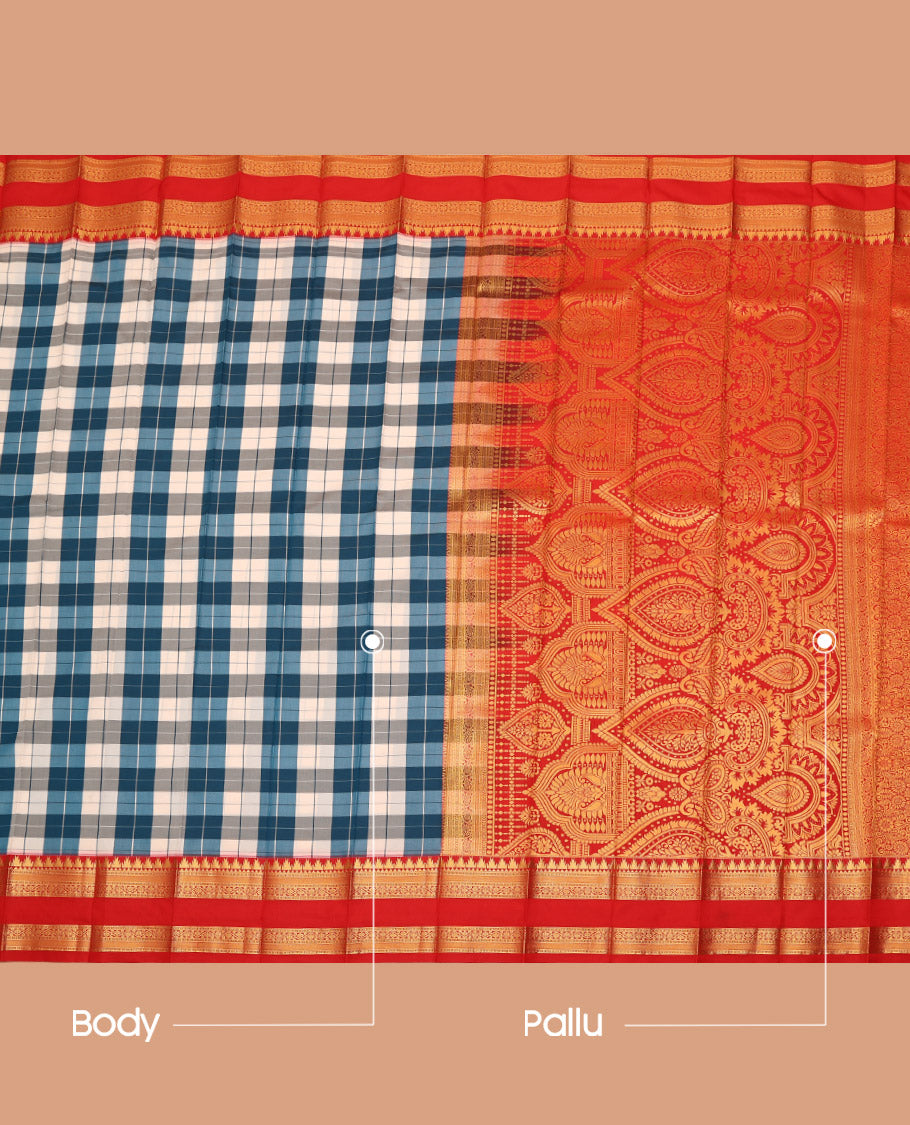 Multi-Color Checked Budget Silk Saree, Accentuated with Contrast Traditional Zari Design Rettai Pettu Temple Red Border, a Grand Mughal-Style Intricately Designed Pallu, and Paired with a Contrast Blouse