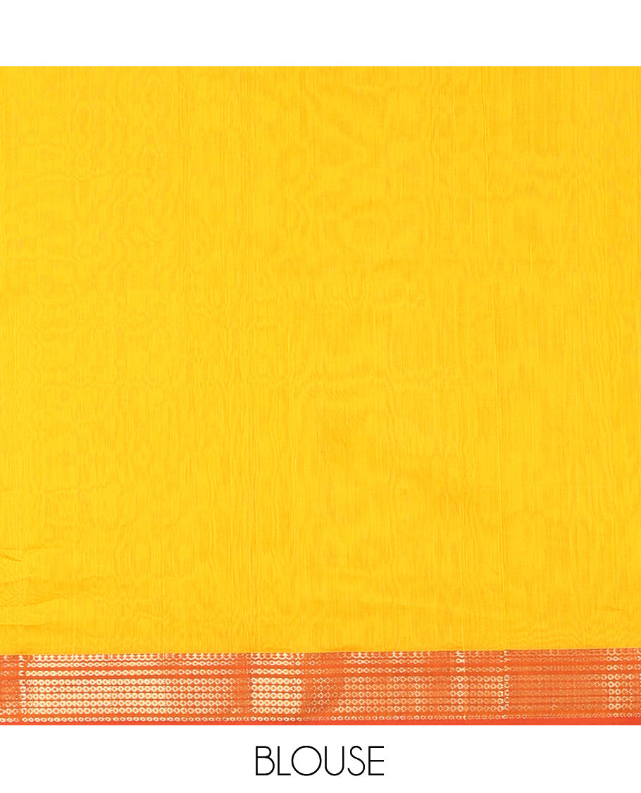 Yellow Plain Maheshwari Cotton Saree, a Contrast Traditional Zari Border, Pallu of Zari Stripes, and a Matching Blouse