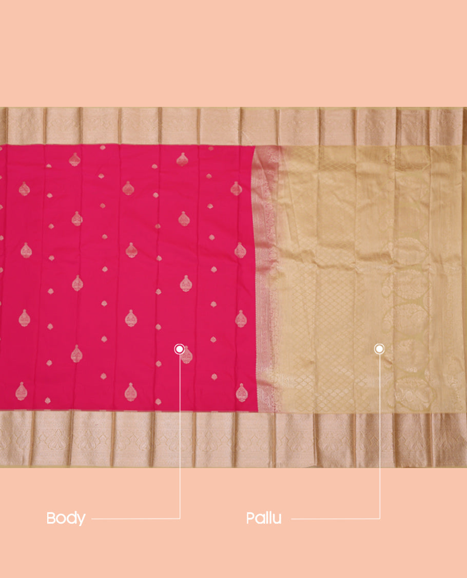 Pink Budget Silk Saree, Bedecked with Zari Buttas, Complemented by a Contrast Traditional Zari Border, Grand Pallu, and a Contrast Blouse