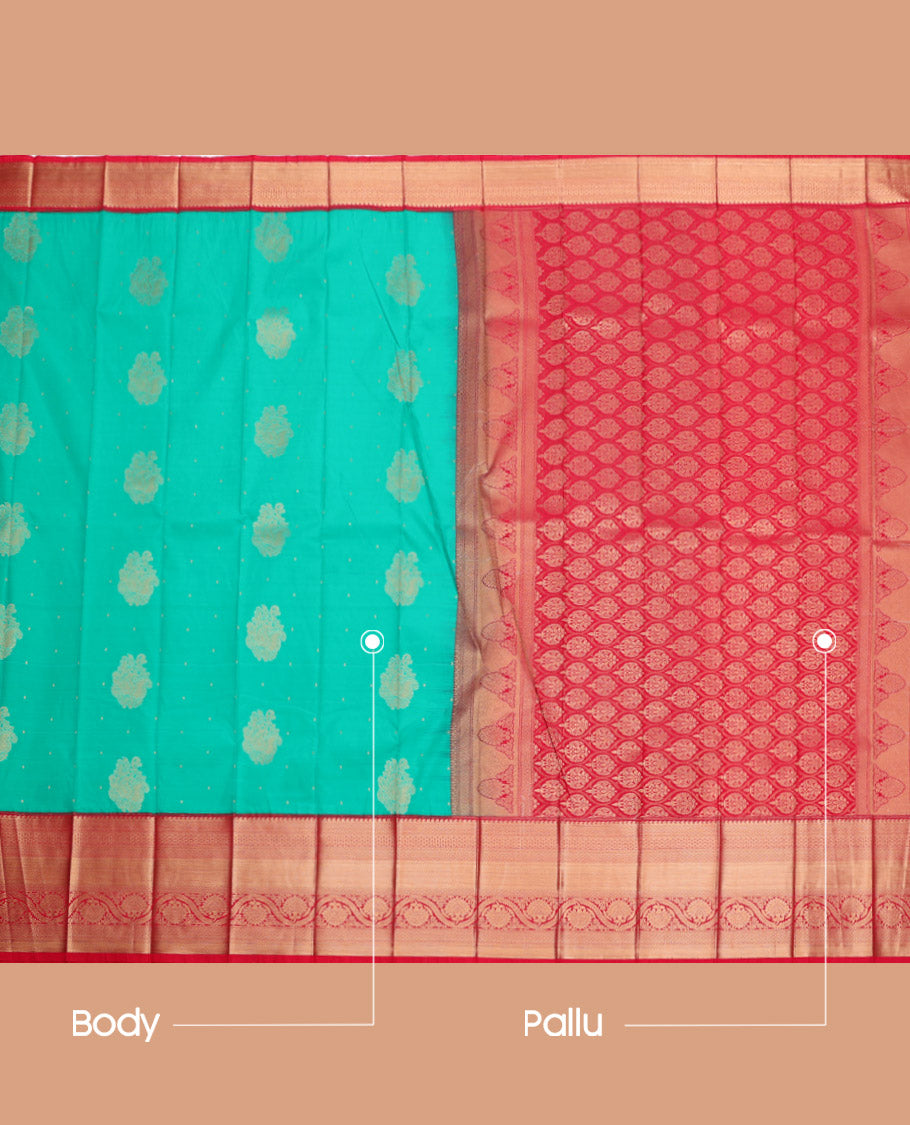 Turquoise Budget Silk Saree, Detailed with Zari Buttas, Complemented by a Contrast Traditional Zari Border, Grand Pallu, and Contrast Blouse