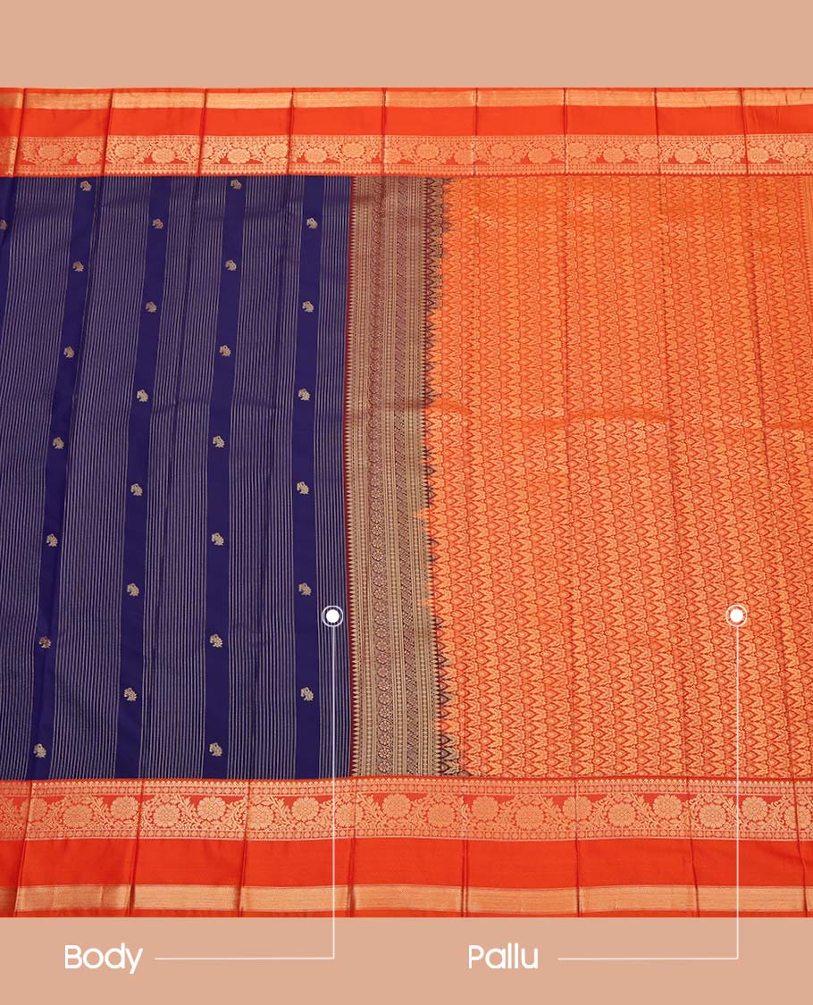 Navy Blue Budget Silk Saree, Finely Crafted with Zari Buttas and Stripes on Its Body, Complemented by a Contrast Traditional Zari Design Rettai Pettu Border, Intricately Designed Pallu, and Paired with a Contrast Blouse