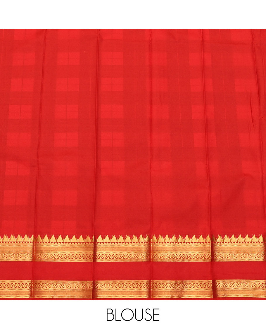 Multi-Color Checked Budget Silk Saree, Accentuated with Contrast Traditional Zari Design Rettai Pettu Temple Red Border, a Grand Mughal-Style Intricately Designed Pallu, and Paired with a Contrast Blouse