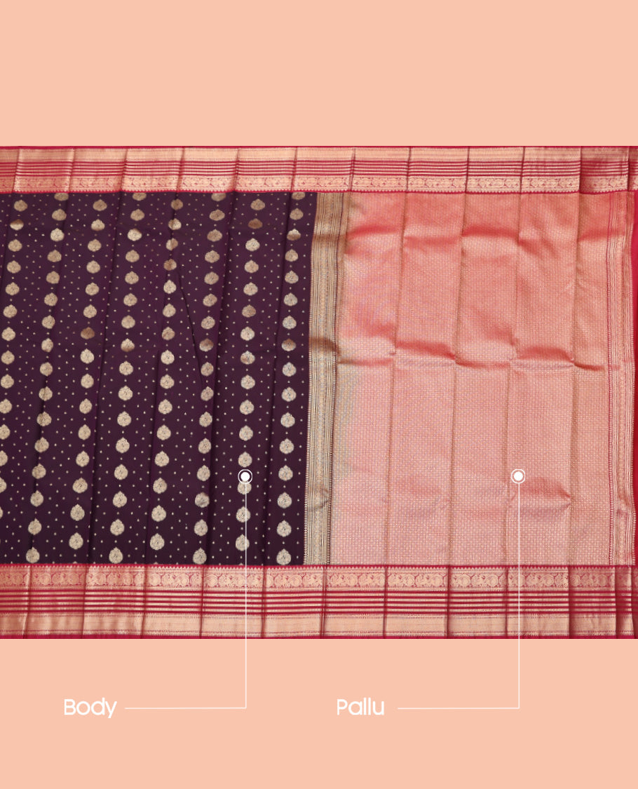 Maroon Budget Silk Saree, Embellished with Zari Buttas, Complemented by a Contrast Traditional Zari Border, Grand Pallu, and a Contrast Blouse