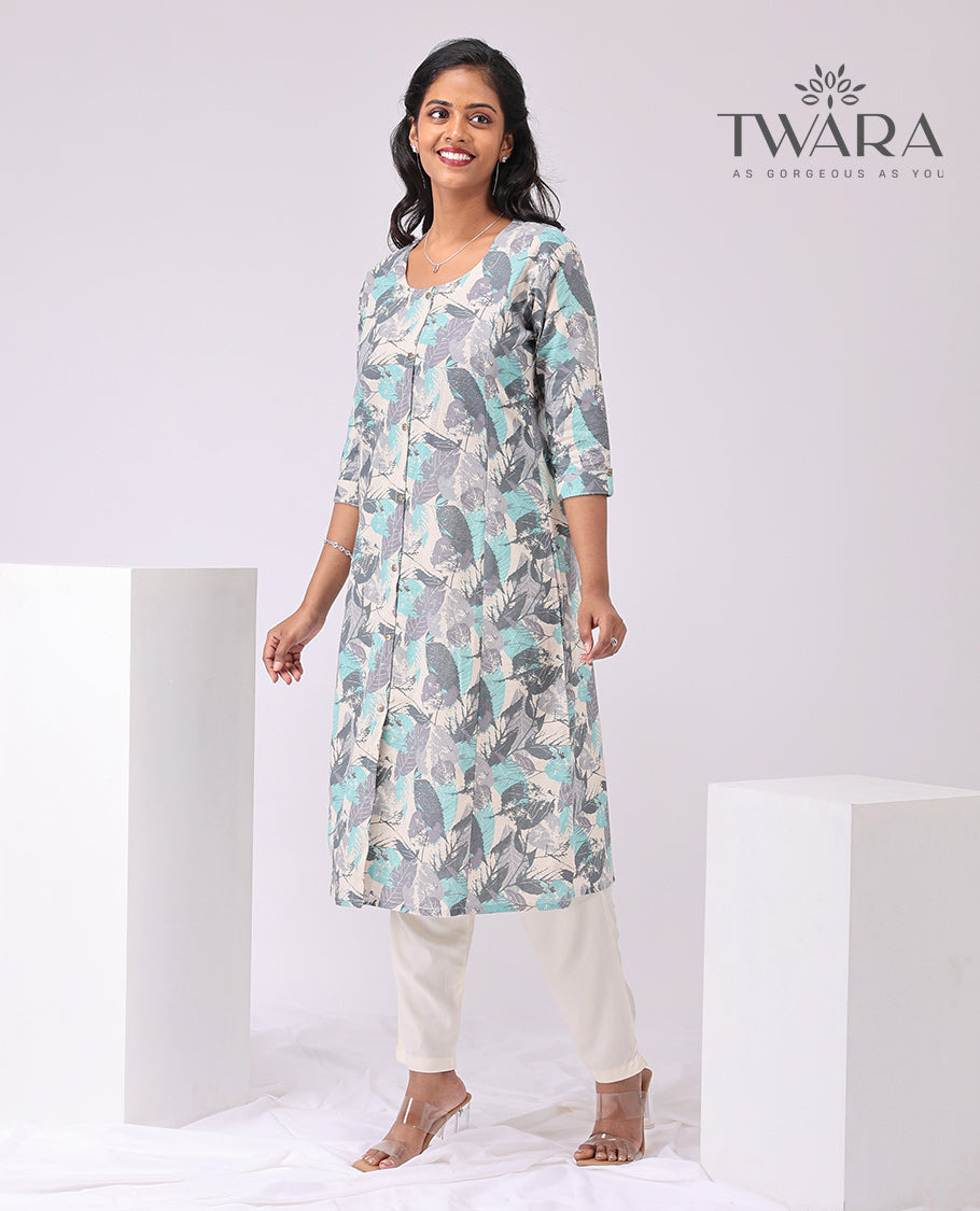 Twara cream leaf printed round neck, knee lenght, 3/4 th sleeve , a line kurti