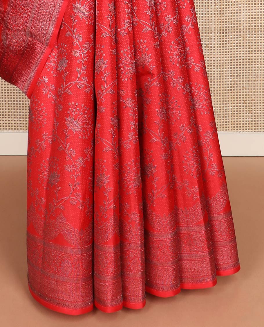 Red floral jaal jacquard silk saree, self-border & pallu of sparsely zari woven intricate designs