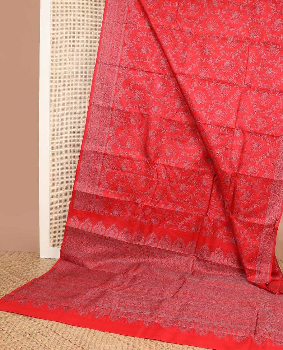 Red floral jaal jacquard silk saree, self-border & pallu of sparsely zari woven intricate designs