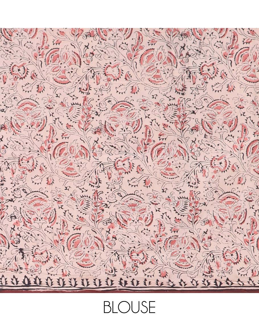 Chocolate brown floral design machine-printed kalamkari cotton saree with contrast floral design border & floral design pallu