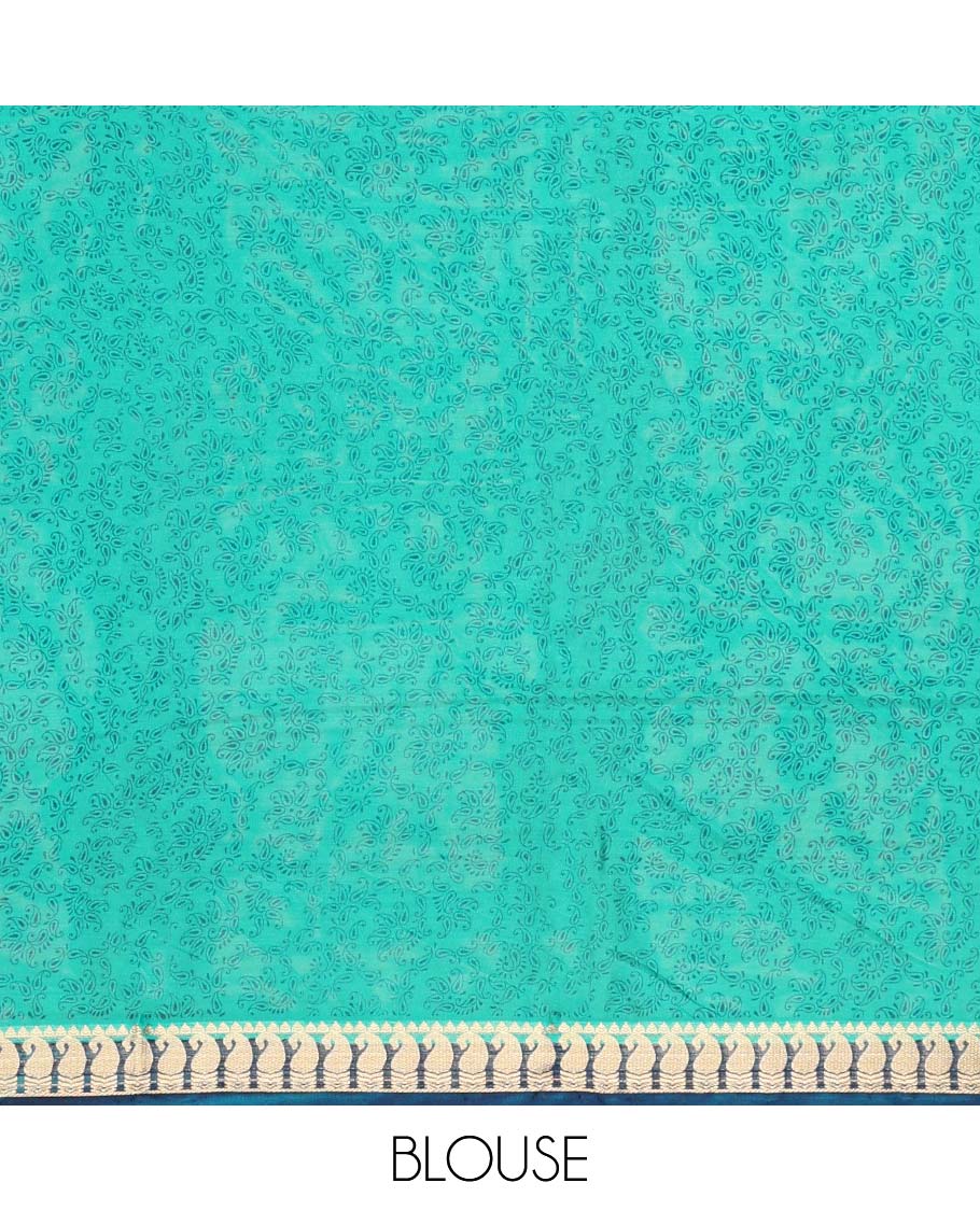 Blue micro-motifs printed semi-banaras printed saree, contrast paisley border & intricate pallu