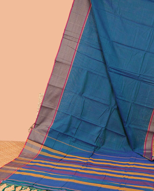 Blue plain Narayanapet cotton saree, contrast traditional design border & striped pallu