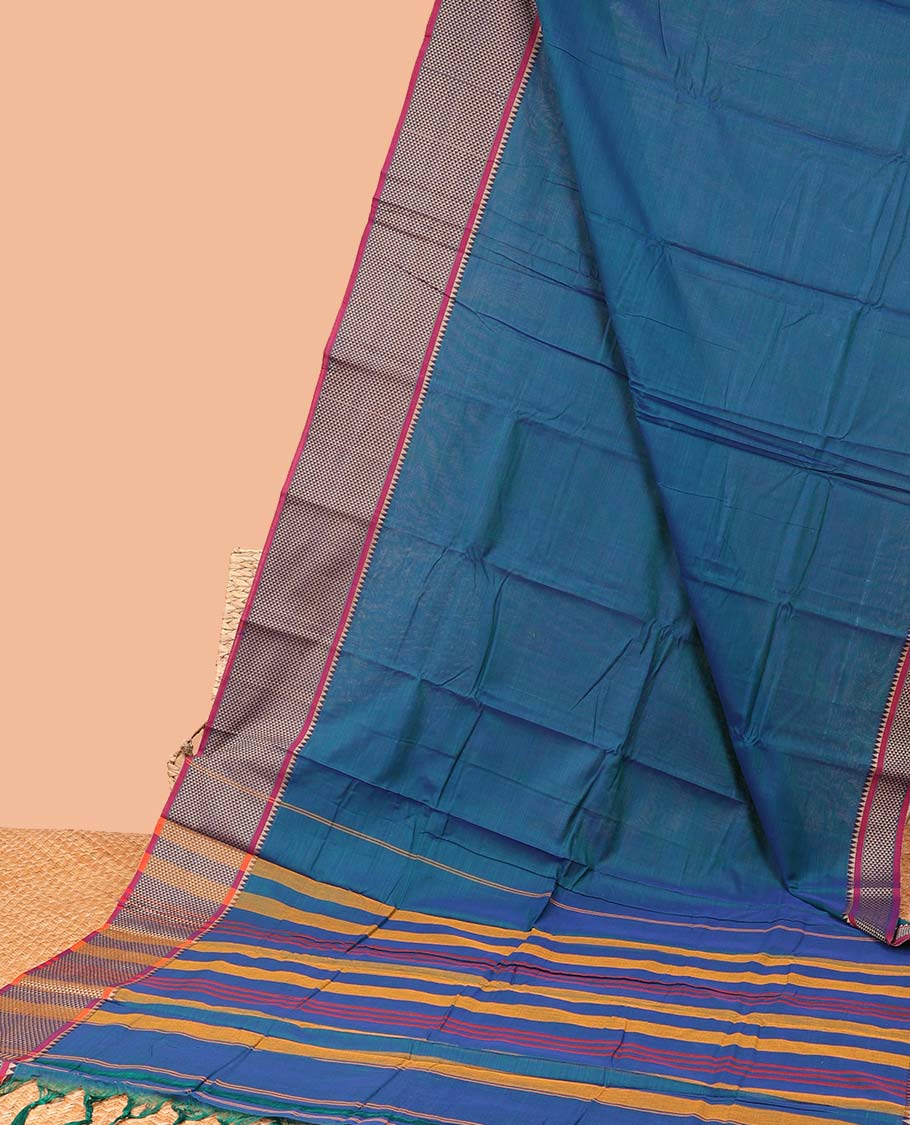 Blue plain Narayanapet cotton saree, contrast traditional design border & striped pallu