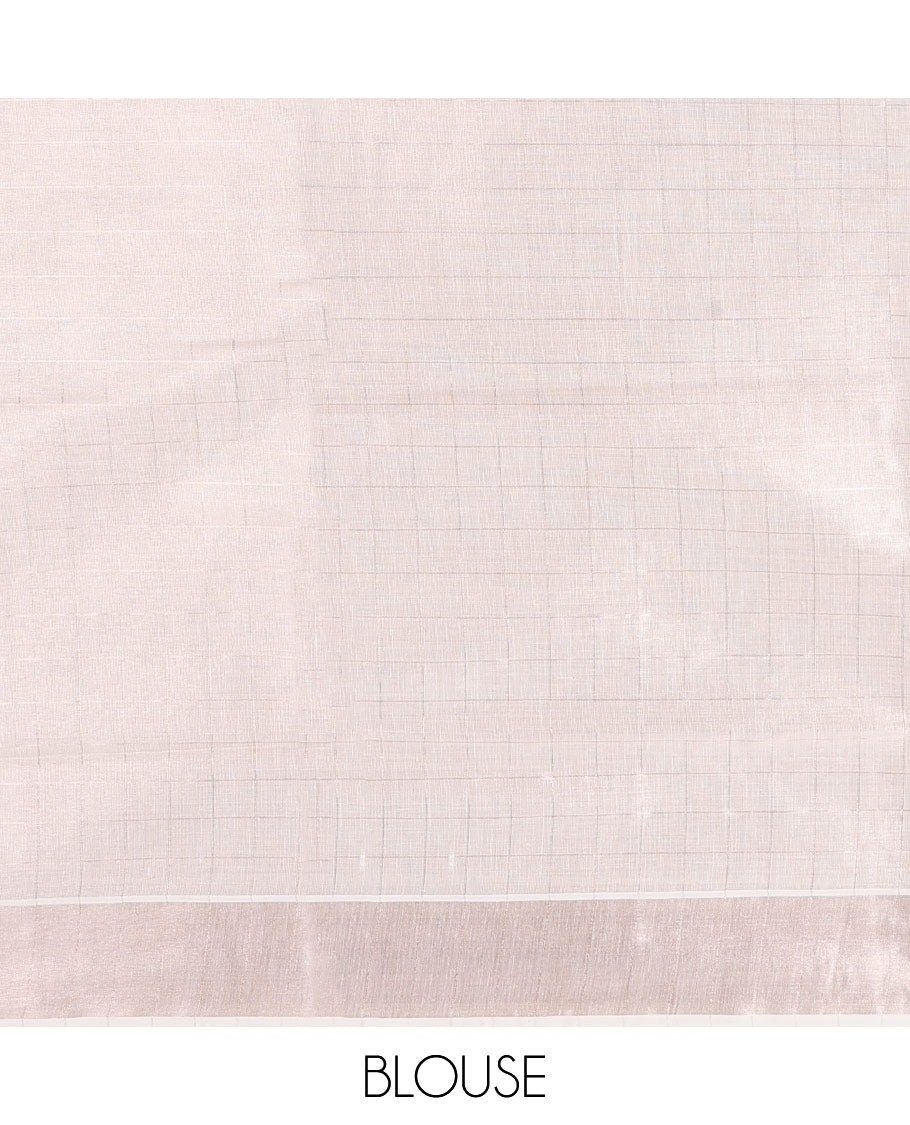 Rose Gold Kerala Cotton Saree Woven with Zari Checks All Over Its Body, Zari Bavanji Border, Gleaming Zari Striped Pallu, and Paired with a Matching Blouse
