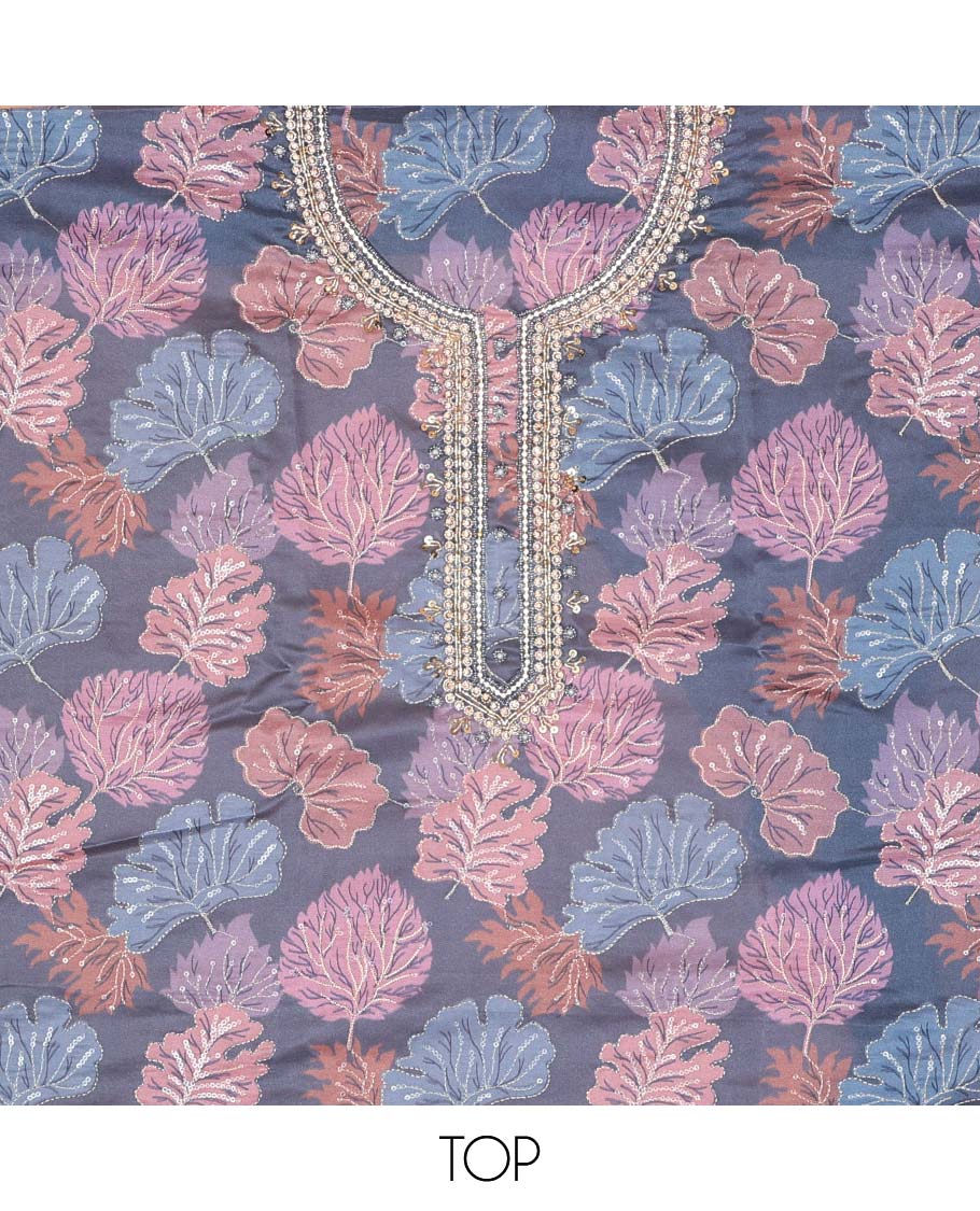 Blue chudidhar material set floral embroidered top, plain bottom & floral design with sequins embroidery dupatta