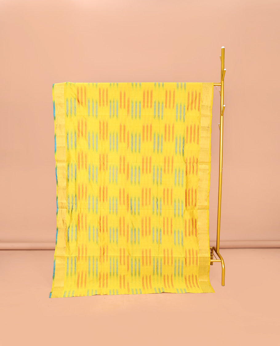 Yellow-Blue Poly Cotton Saree, Subtly Sparkled with Buttas all over its Body, a Subtle Border, Complemented by Contrast Pallu of Stripes, and Paired with a Contrast Blouse