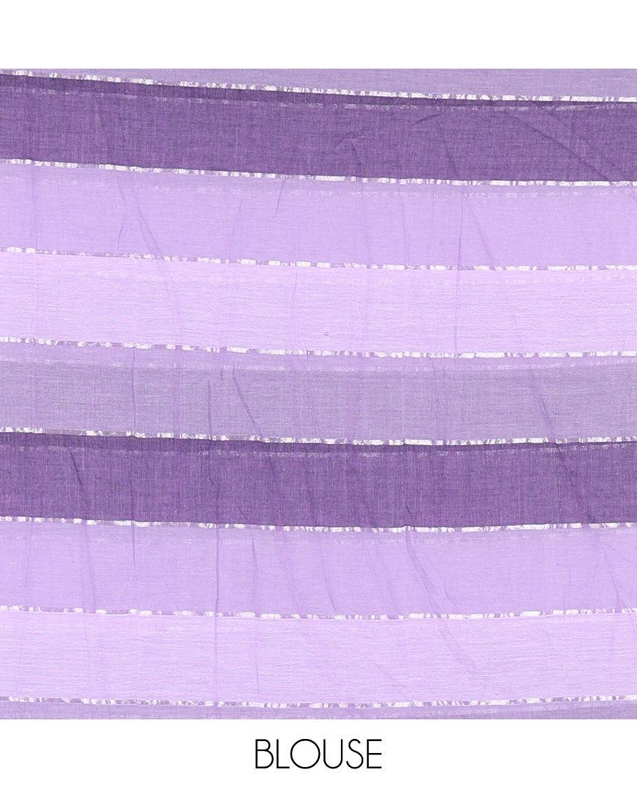 Violet ombre-colored striped khadi mul cotton saree, zari piping border, striped pallu, and a matching striped blouse