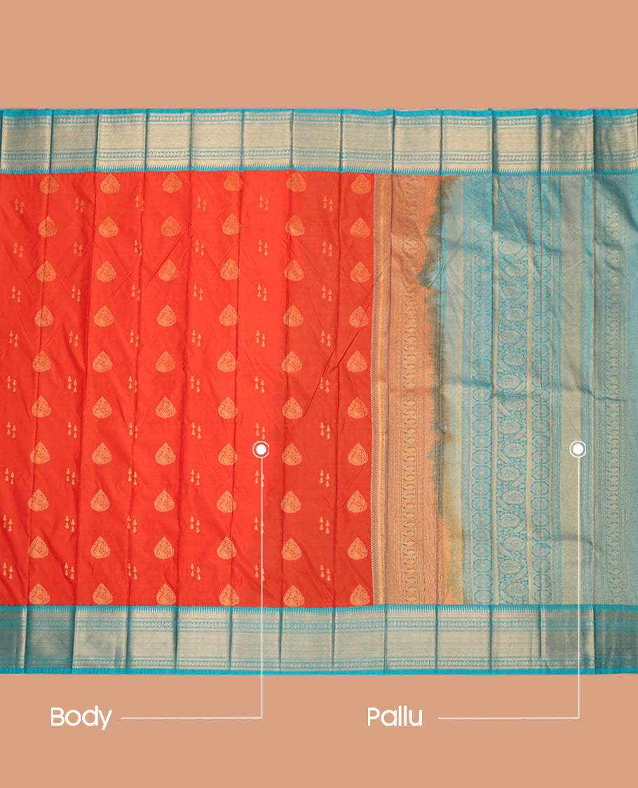 Orange Budget Silk Saree, Finely Crafted with Zari Buttas, a Contrast Traditional Zari Border, Intricate Pallu, and a Contrast Blouse