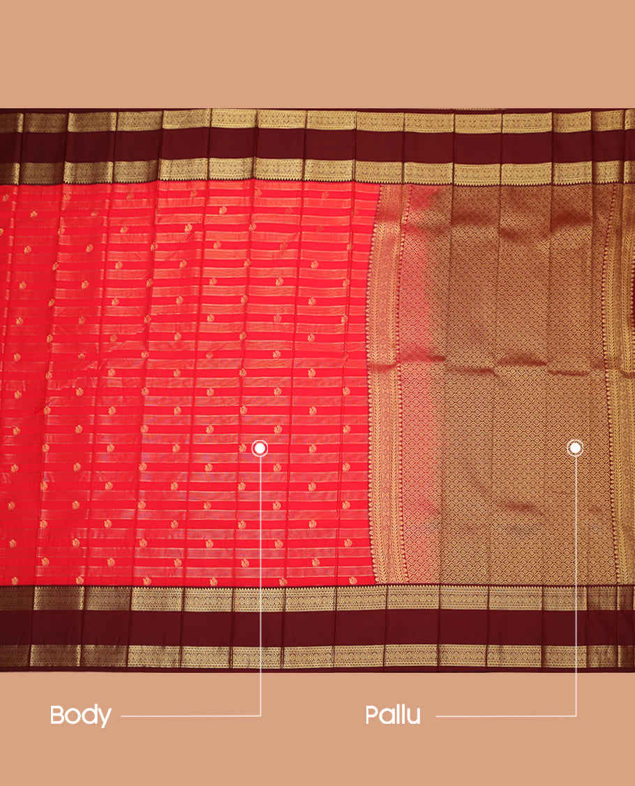 Red Budget Silk Saree, Delicately Woven Zari Buttas and Stripes, Complemented by a Contrast Traditional Rettai Pettu Zari Border, Grand Jaal Pallu, and Contrast Blouse