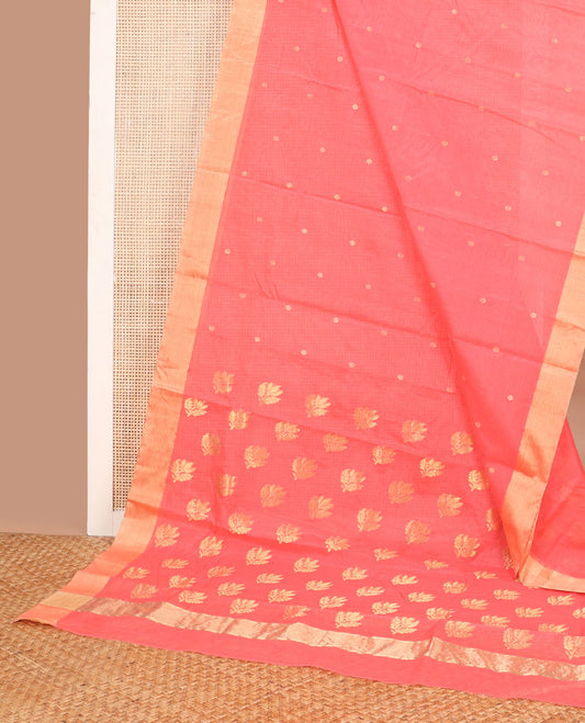 Peach floral motifs chanderi cotton saree with contrast zari border & striped pallu