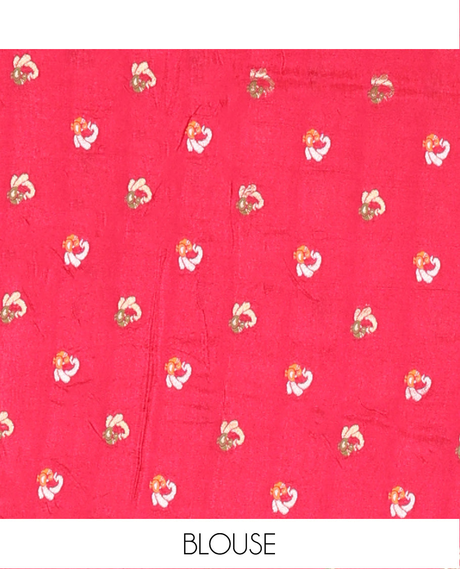Rani pink and green three-part, uniquely woven Russian silk saree features zari buttas and deer motifs, traditional motifs border, striped pallu, and a contrast buttas blouse