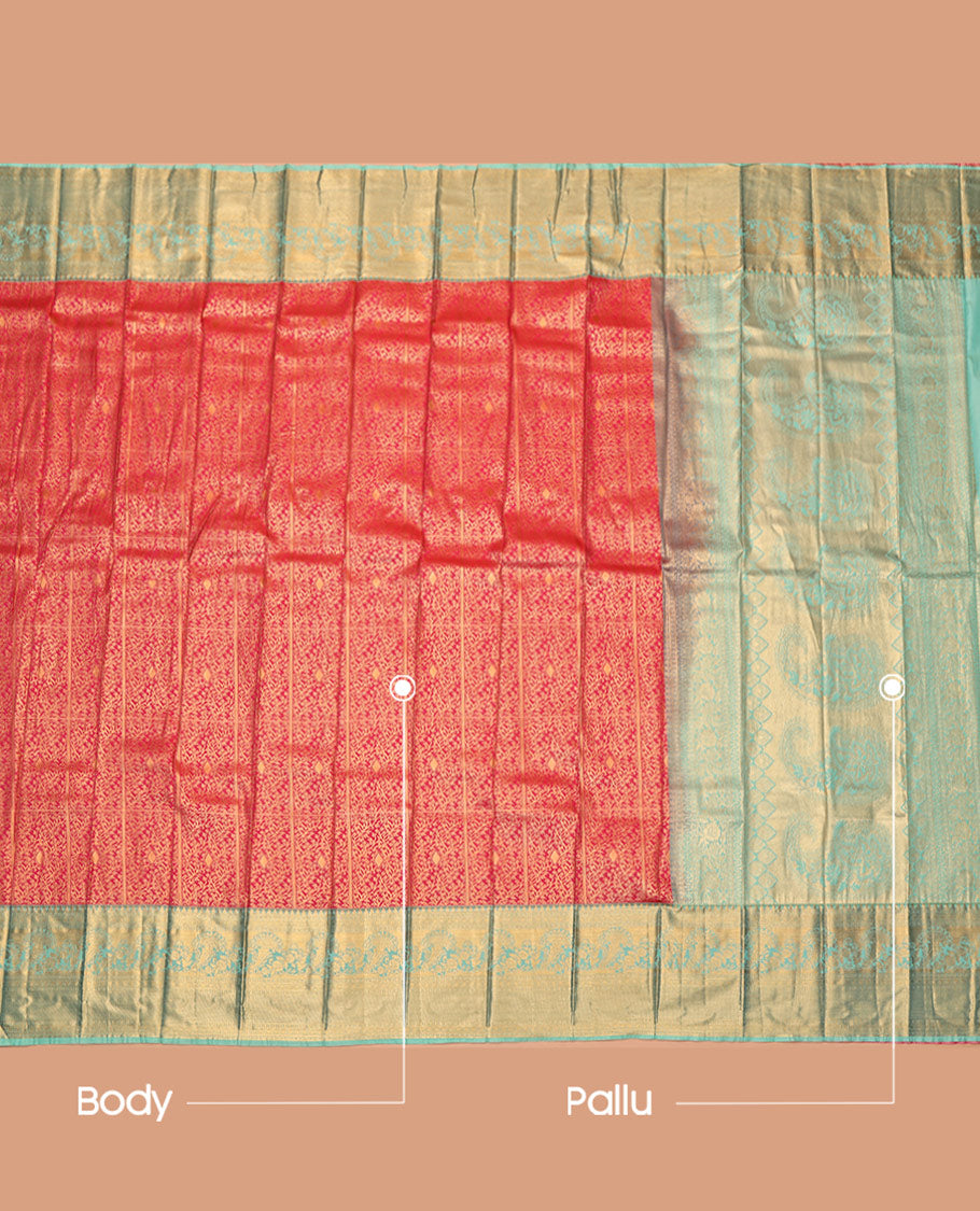Red Budget Silk Saree, Impeccably Styled with Jacquard, Complemented by Contrast Traditional Zari Border, Grand Pallu, and Contrast Blouse