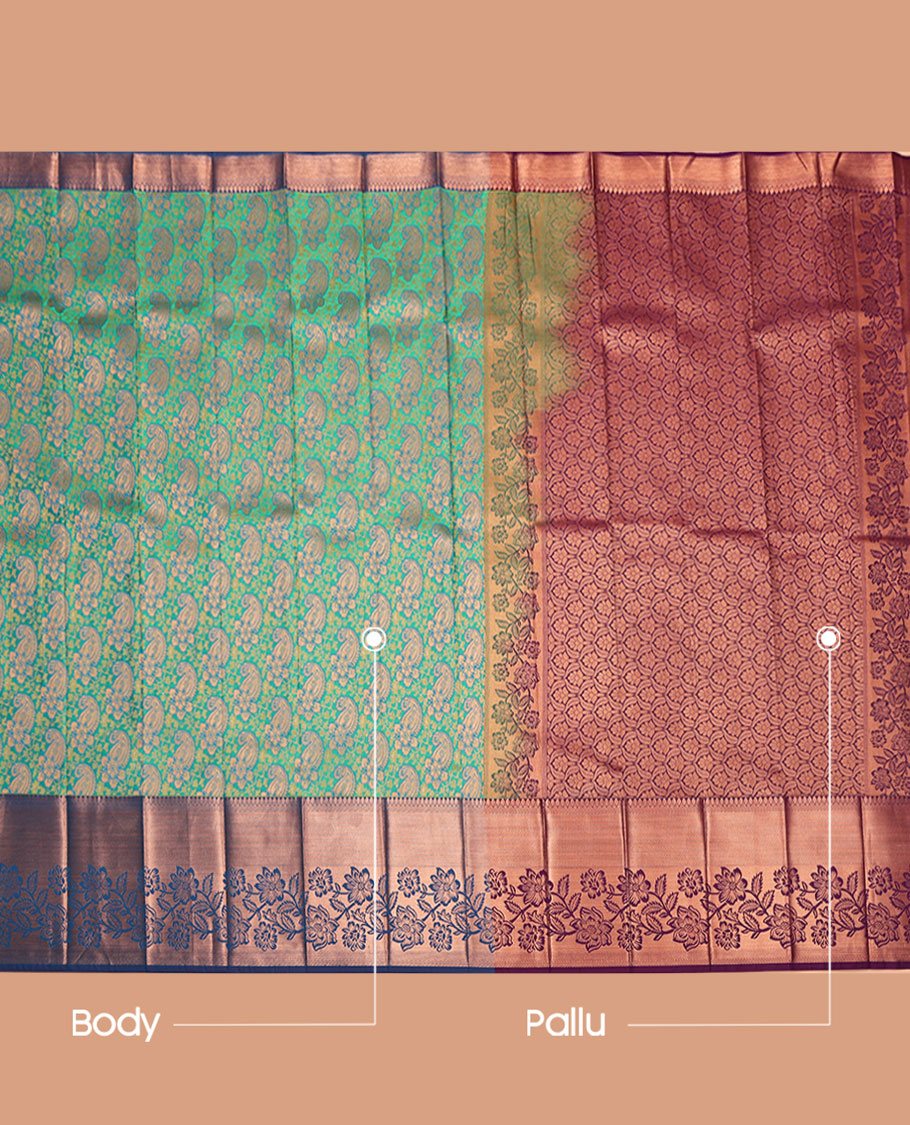Blue-Green Budget Silk Saree, Delicately Woven with Jacquard Design, Complemented by a Contrast Floral Zari Border, Grand Pallu, and a Contrast Blouse